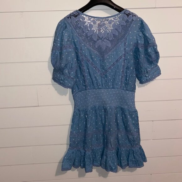 NWT LoveShackFancy Jaislyn blue Cotton Mini Dress - Women's Medium Puff Sleeves - Picture 7 of 9